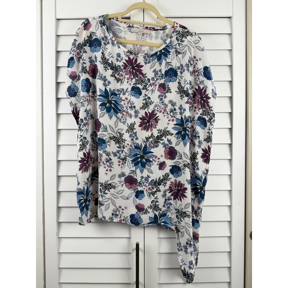 LOFT Floral Blouse Women XXL White Blue Purple Side Tie Mixed Media